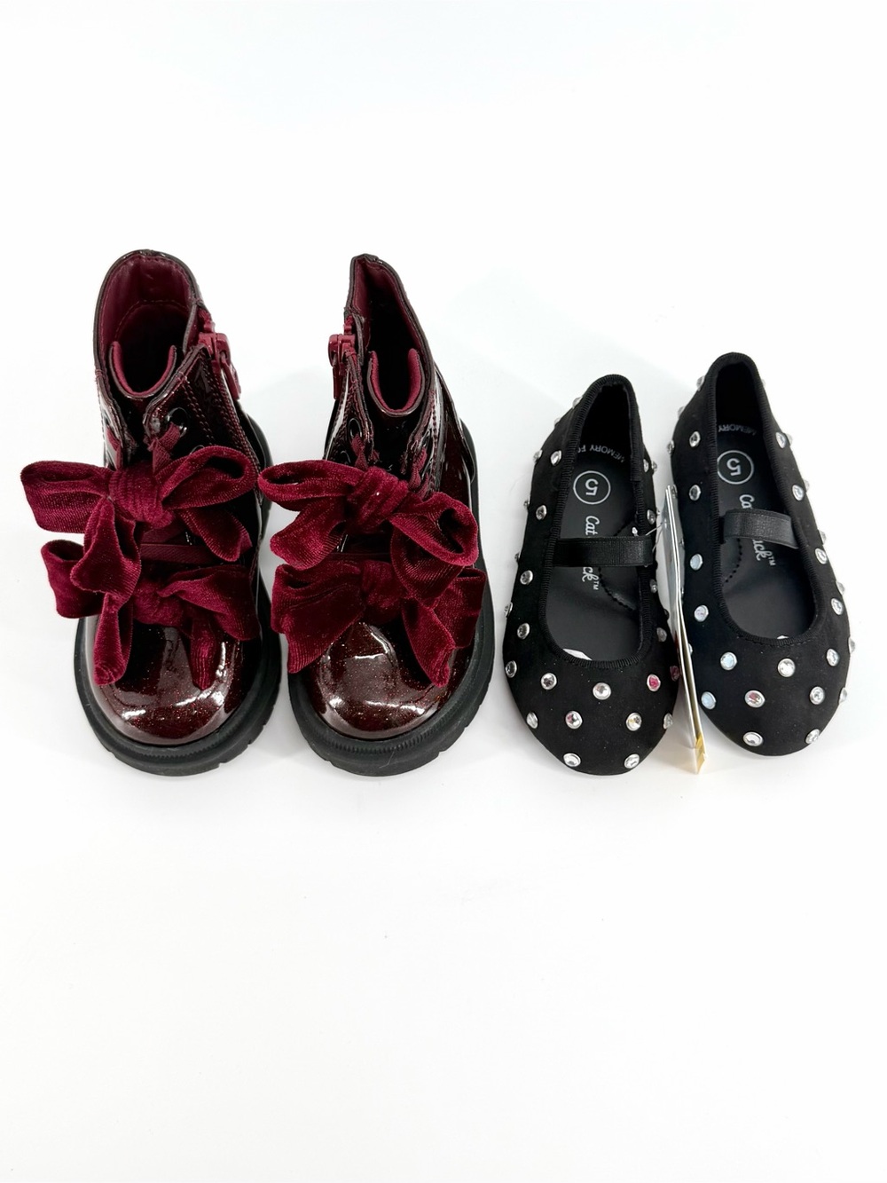 Toddler Girls Shoe Set Size 5C Burgundy Bow Boots & Black Stud Flats